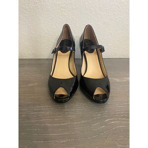 Cole Haan Black Patent Leather Peep-Toe Mary Jane‎ Pumps Elegant Heels